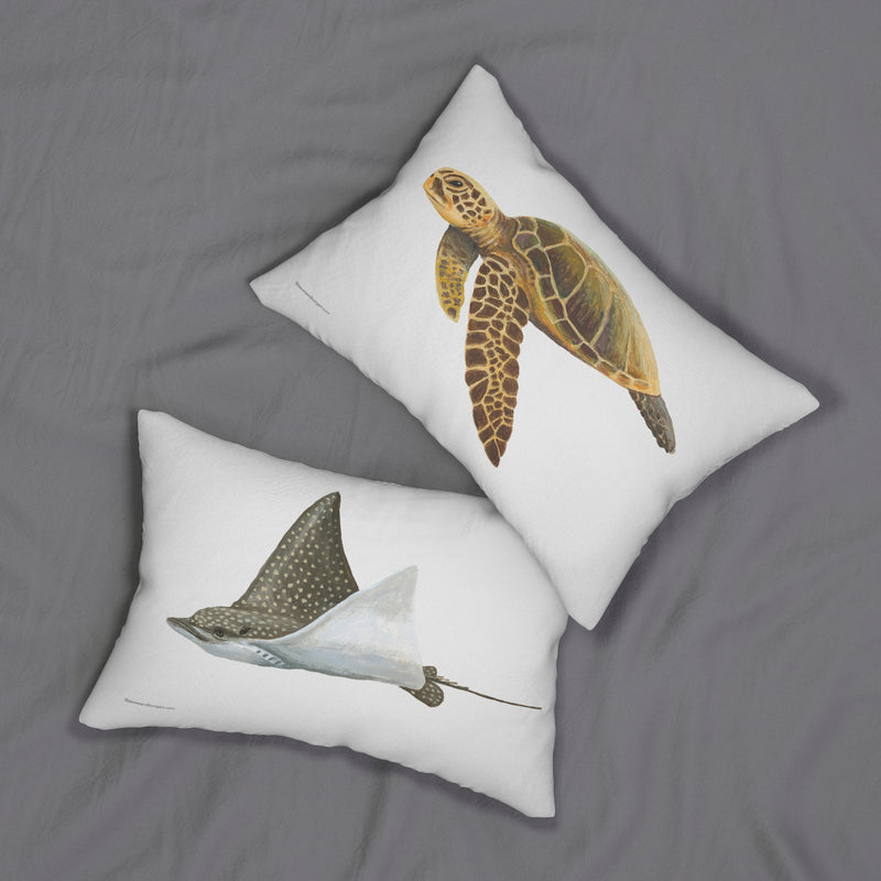 Spun Polyester Pillow with Green Turtle and Spotted Eagle Ray