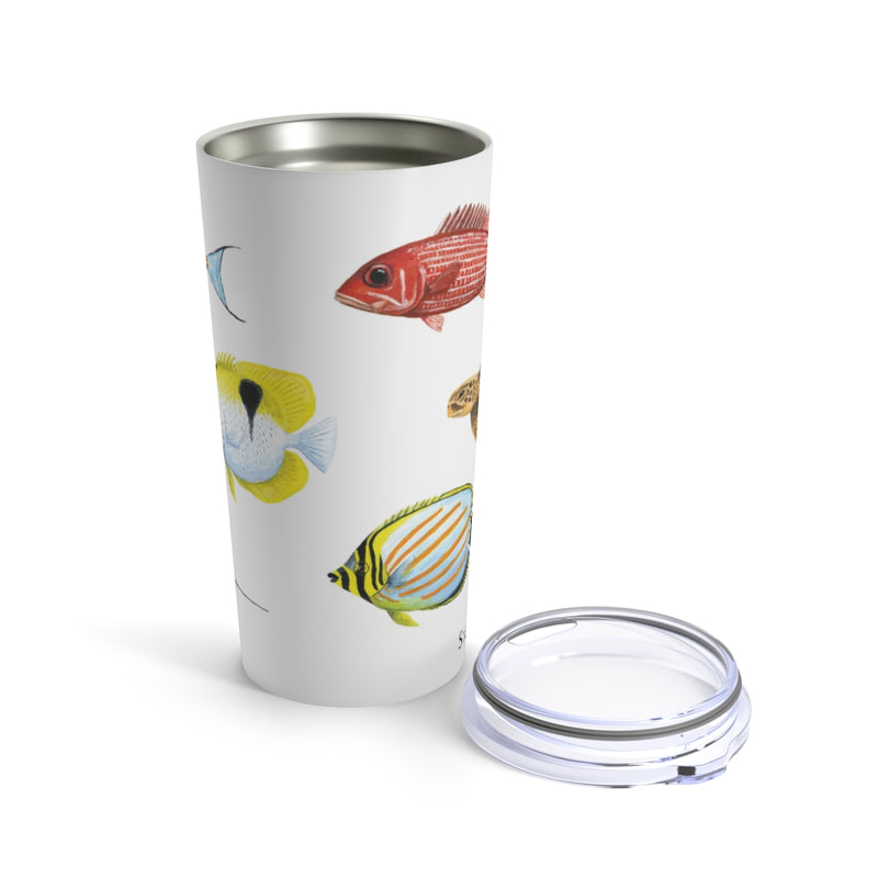 Steel Tumbler featuring color sea life from Hawaii based on original art by Steve Sandborg Art - Spotted Eagle Ray, Teardrop butterrflyfish, Orangespine Butterflyfish, Hawaiian Squirrelfish, Green Turtle and Ornate Butterflyfish - with cap off