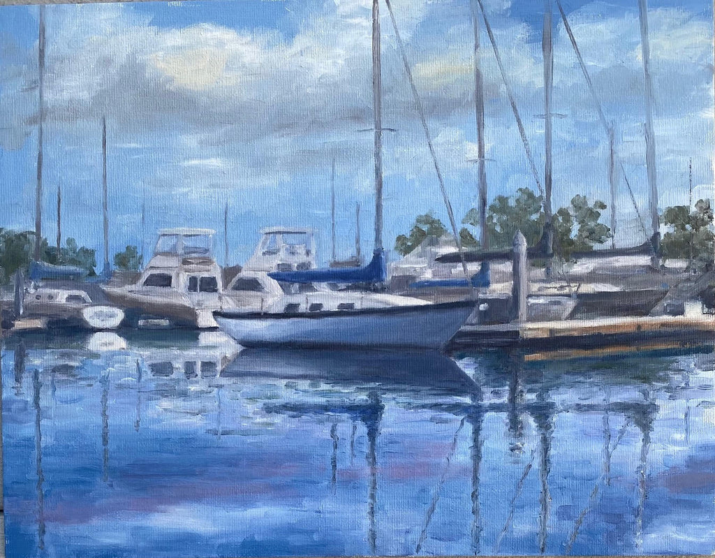 Image of an original oil painting of a calm day in Dana Point Harbor by Steve Sandborg Art