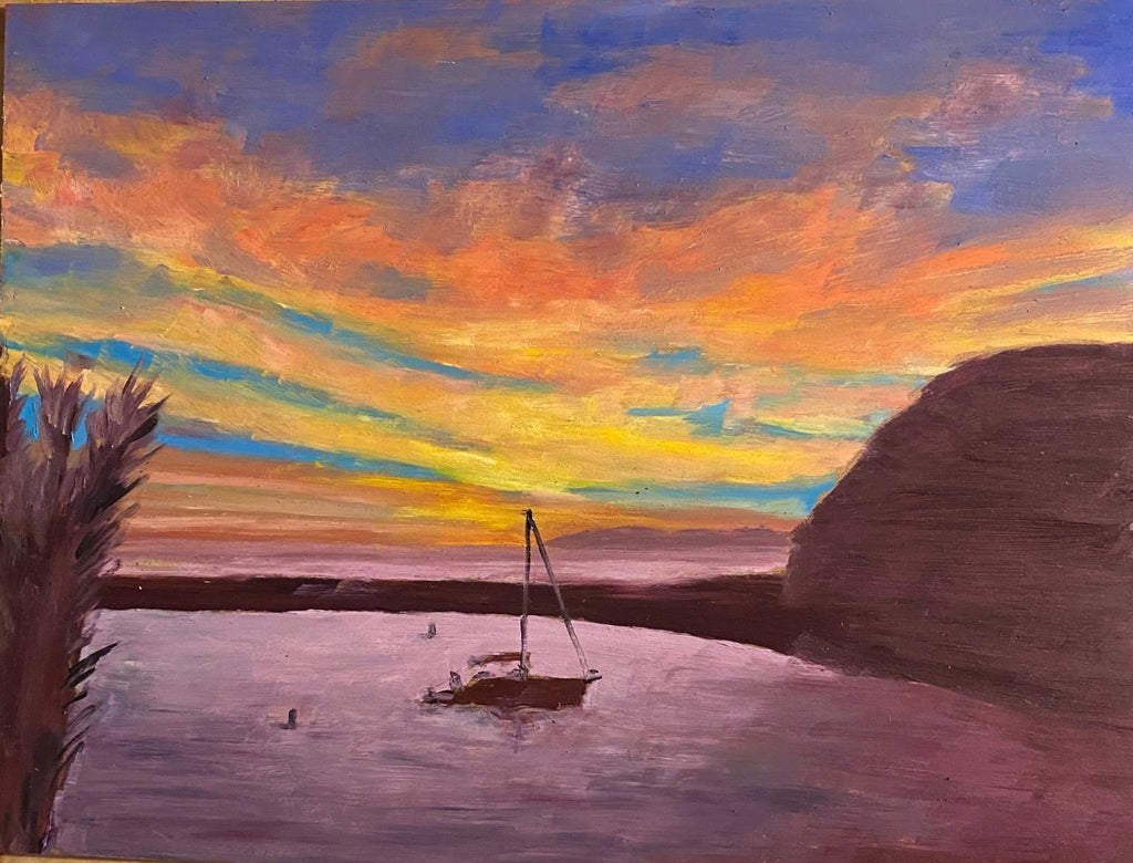 Image of a giclee print of an original oil painting of a sunset over Dana Point Harbor by Steve Sandborg Art