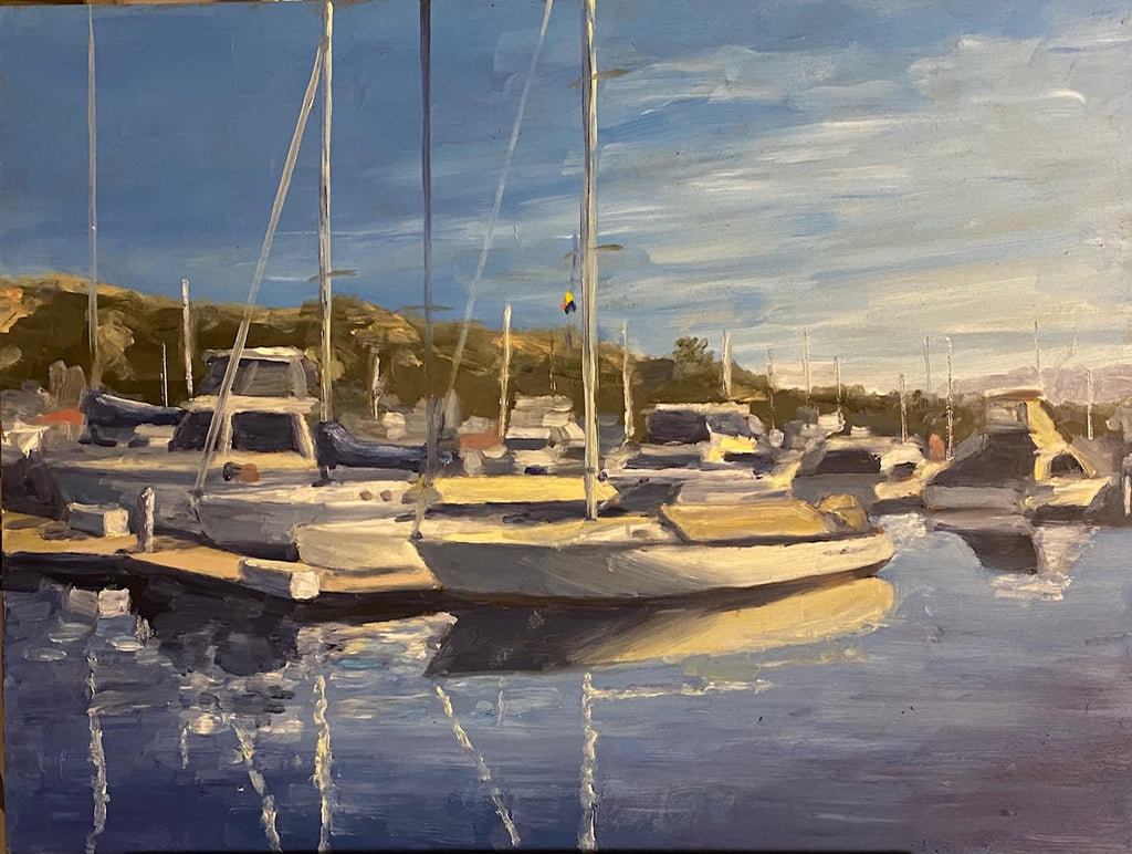 Image of an original plein air oil painting of boats in Dana Point Harbor by Steve Sandborg Art. 