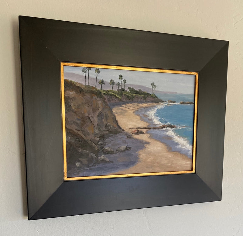 Image of an original oil painting in optional frame of Divers Cove and Heisler Park in Laguna Beach by Steve Sandborg Art