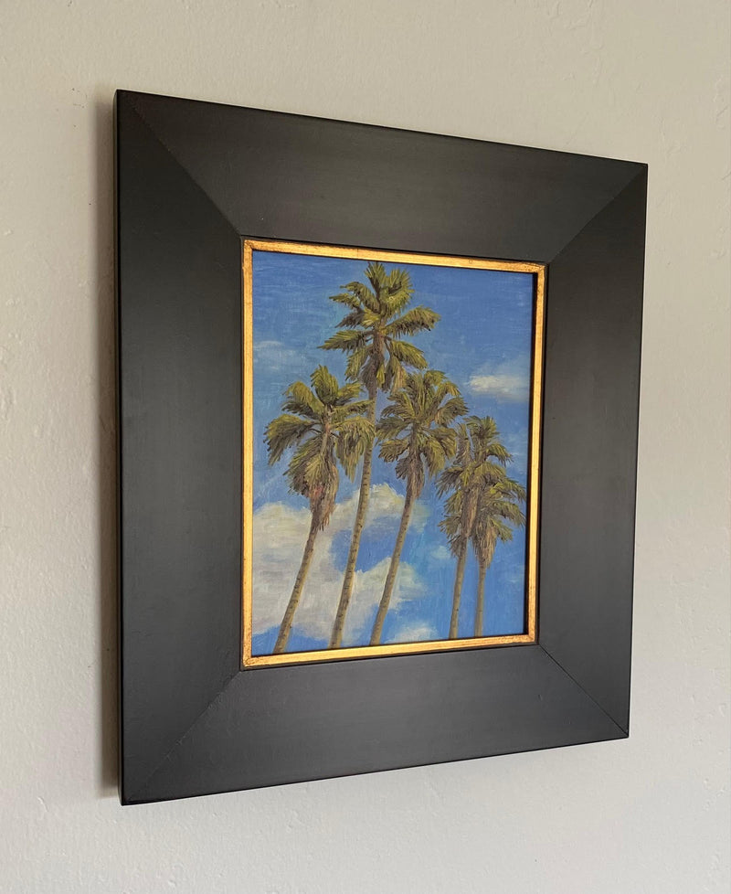 Image of an original oil painting of palm trees in Doheny Beach, in Dana  Point California by Steve Sandborg Art. Shown in optional frame.