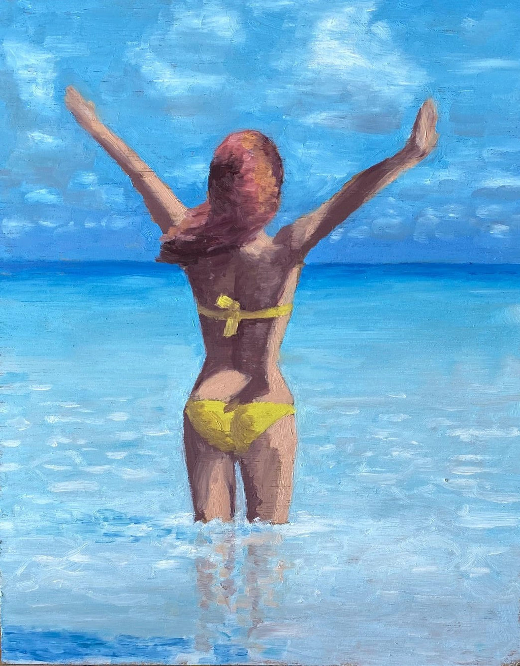 This picture features a happy woman wading into the ocean. An original oil painting by Steve Sandborg Art