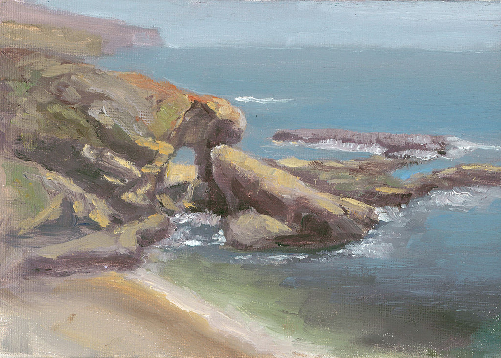 Image of an original oil painting of the famous arch rock in front of the Montage Hotel in Laguna Beach by Steve Sandborg Art.