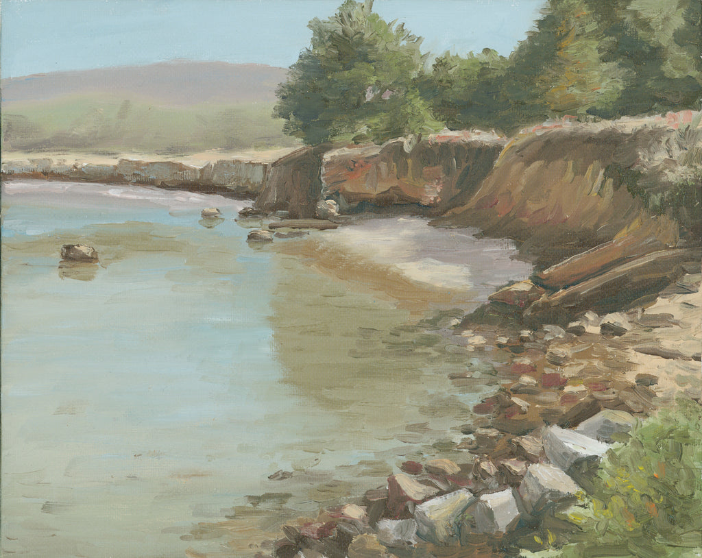 Image of an original oil painting of a peaceful  coastline by Steve Sandborg Art. 