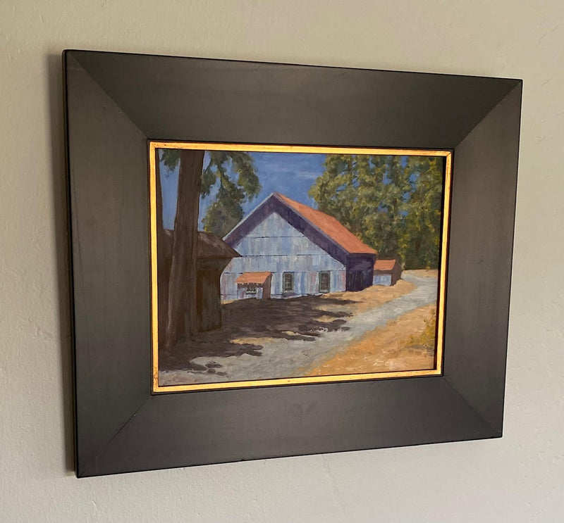 Image of an original oil painting of a sawmill near Nevada City by Steve Sandborg Art.  Shown in optional frame. 