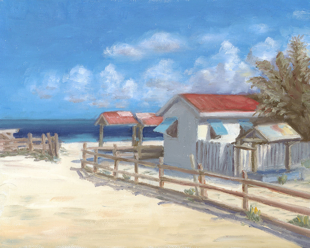 Image of an original oil painting of a beach and structure in the Turks and Caicos by Steve Sandborg Art. 