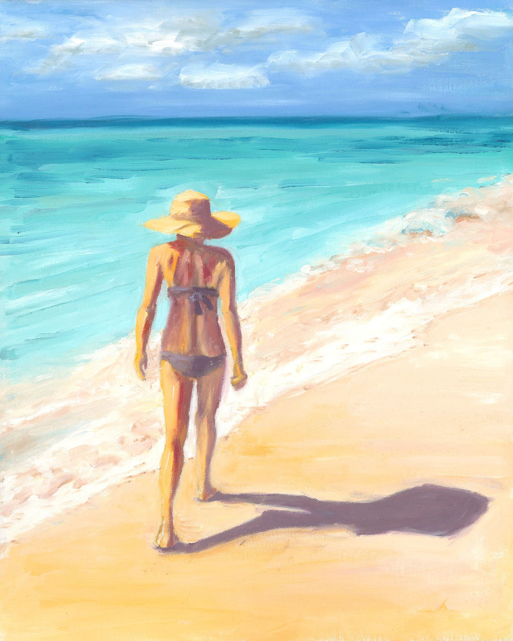 Image of an original oil painting of a woman walking on a secluded beach in the Turks and Caicos by Steve Sandborg Art. 