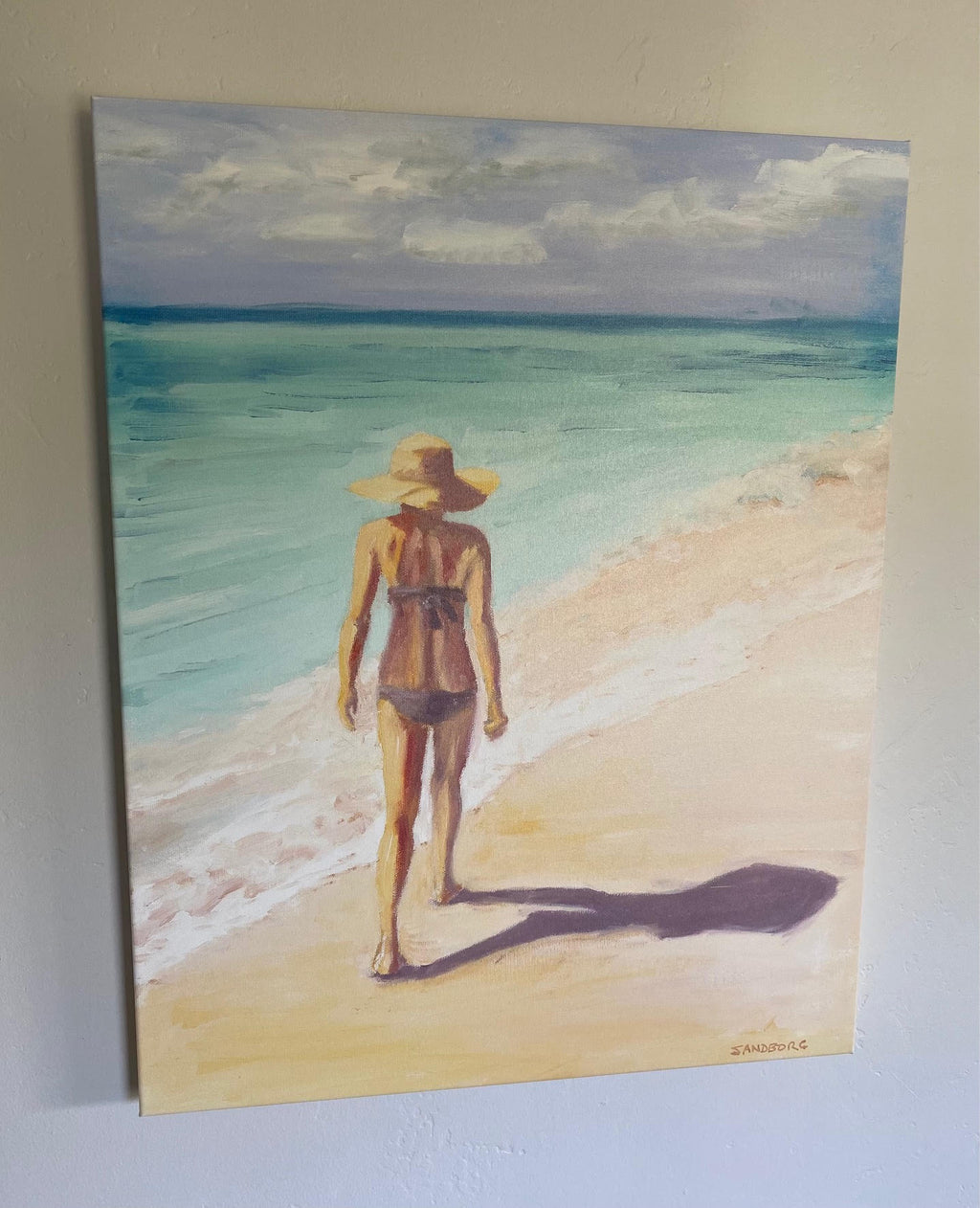 Image of giclee print of an original oil painting of a woman walking on a secluded beach in the Turks and Caicos by Steve Sandborg Art. 