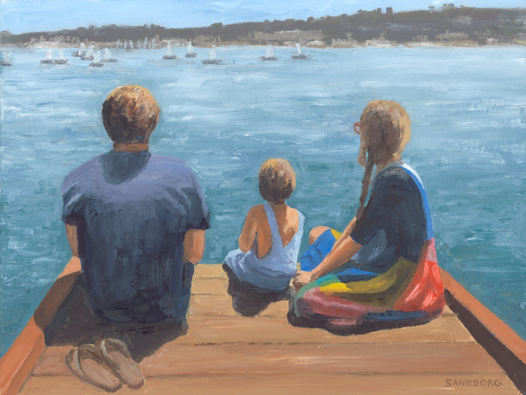 Image of an original oil painting of a family sitting on a dock watching a sailboat race by Steve Sandborg Art. 