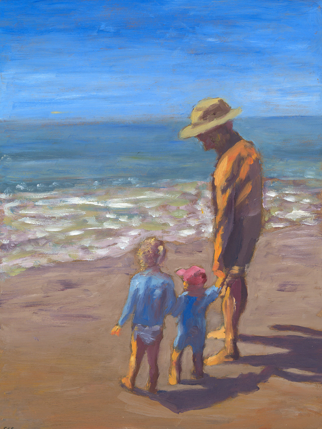 Image of a giclee print of an original oil painting of a grandfather and his grandchildren at the beach by Steve Sandborg Art. 