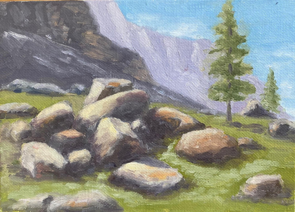 Image of an original oil painting of a high mountain scene by Steve Sandborg Art. 