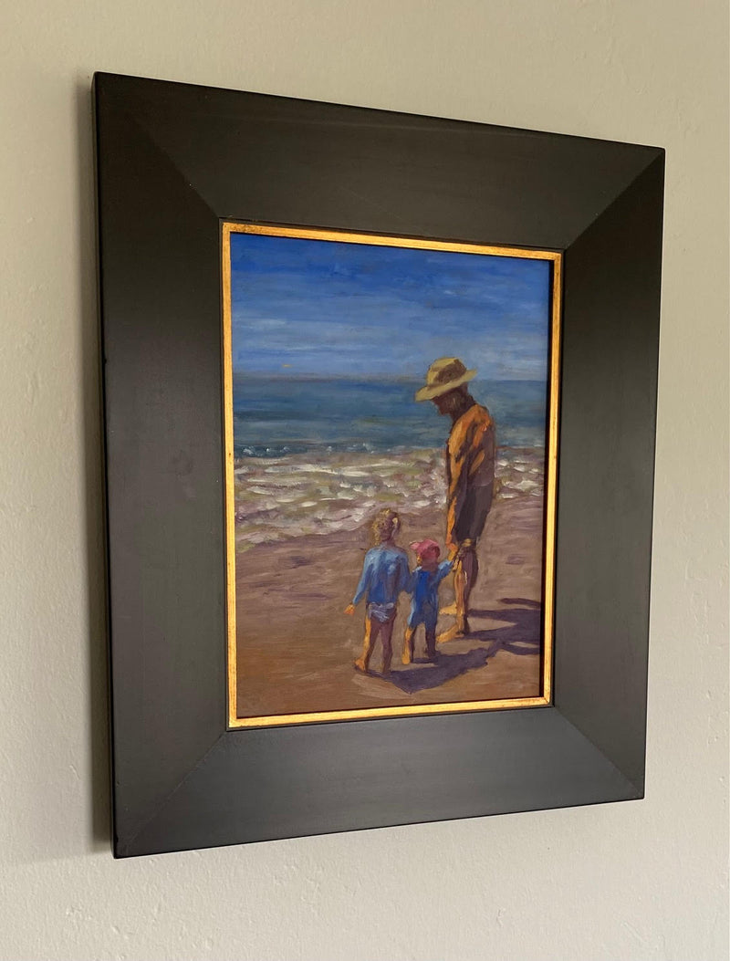 Image of an original oil painting of a grandfather and his grandchildren at the beach by Steve Sandborg Art.  Shown in optional frame.